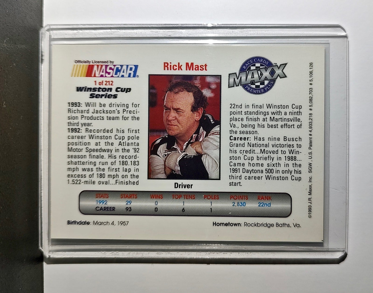 Rick Mast 1993 Maxx Premier Plus Racing #1 NASCAR Card Precision Products Racing