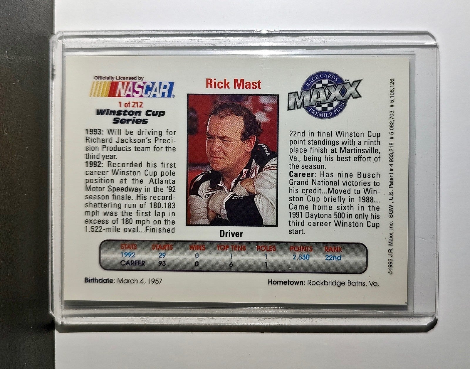 Rick Mast 1993 Maxx Premier Plus Racing #1 NASCAR Card Precision Products Racing