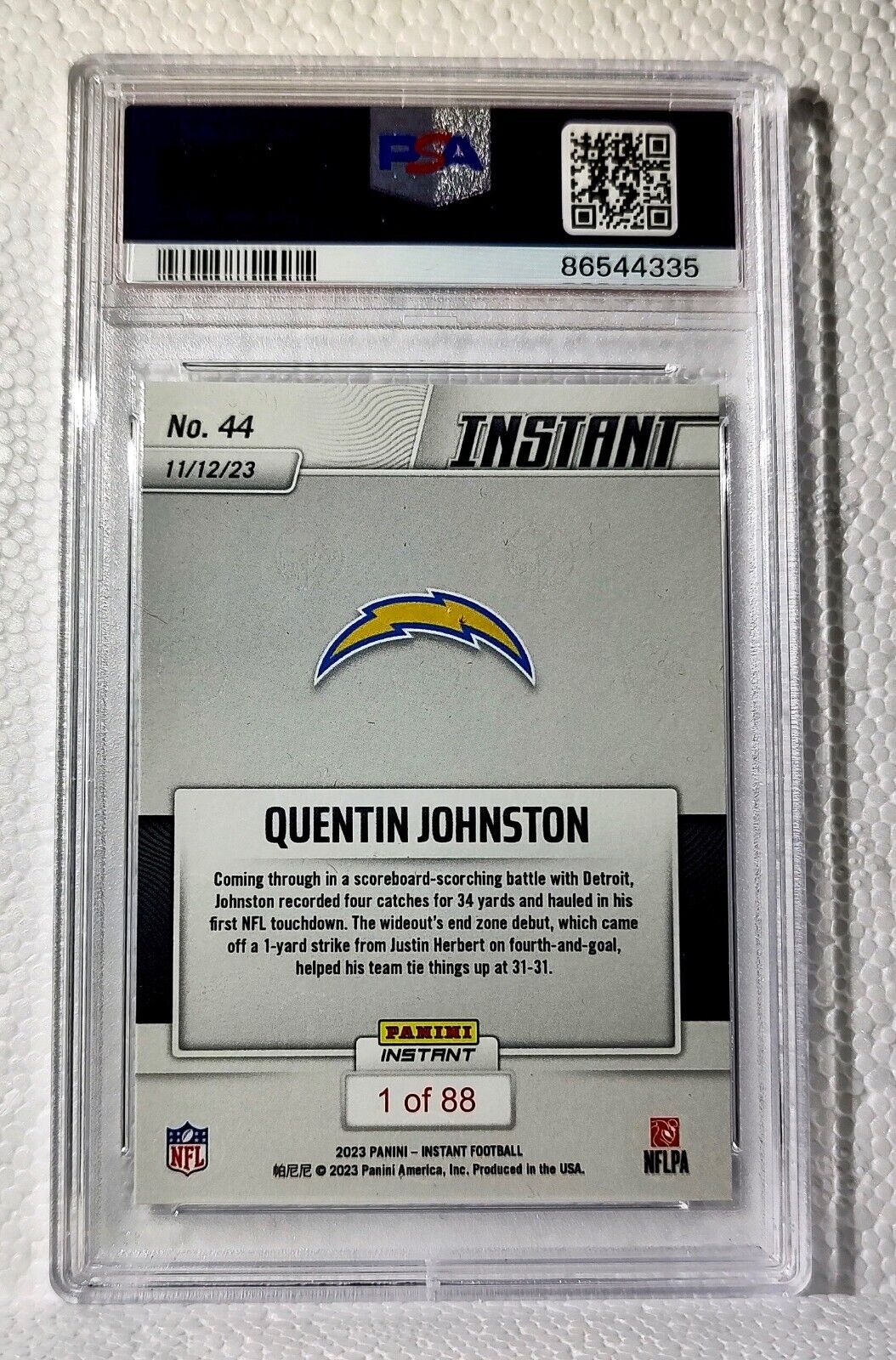 Quentin Johnston 2023 Panini NFL Rookie #44 Card 1 of 88 Chargers PSA 9 Mint