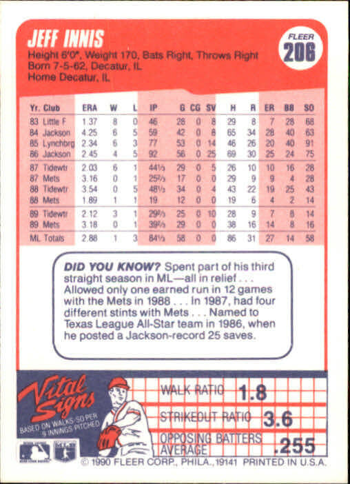 1990 Jeff Innis Fleer Baseball Card #206