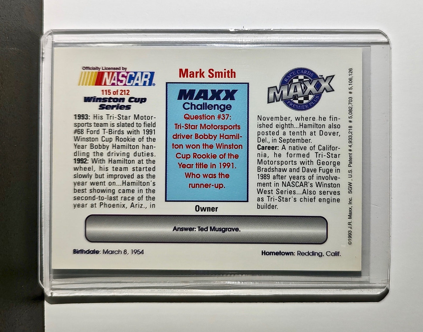 Mark Smith 1993 Maxx Premier Plus Racing #115 NASCAR Card Tri-Star Motorsports