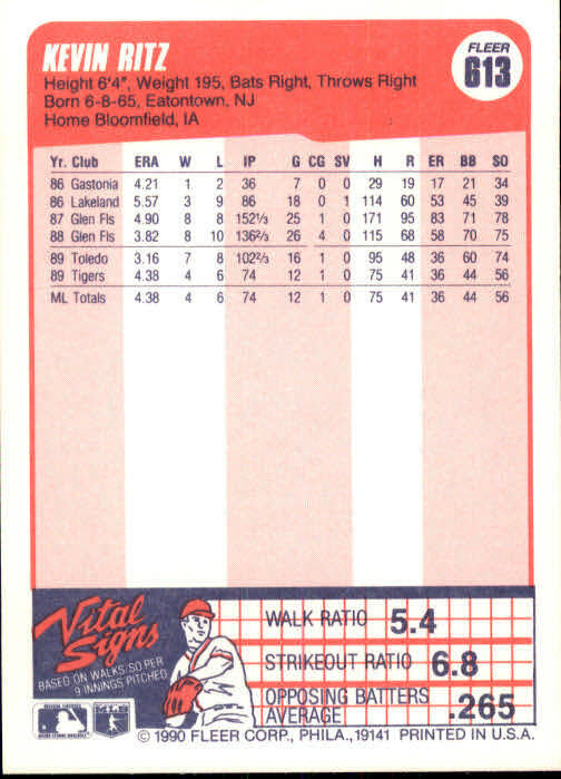 1990 Kevin Ritz Fleer Baseball Card #613
