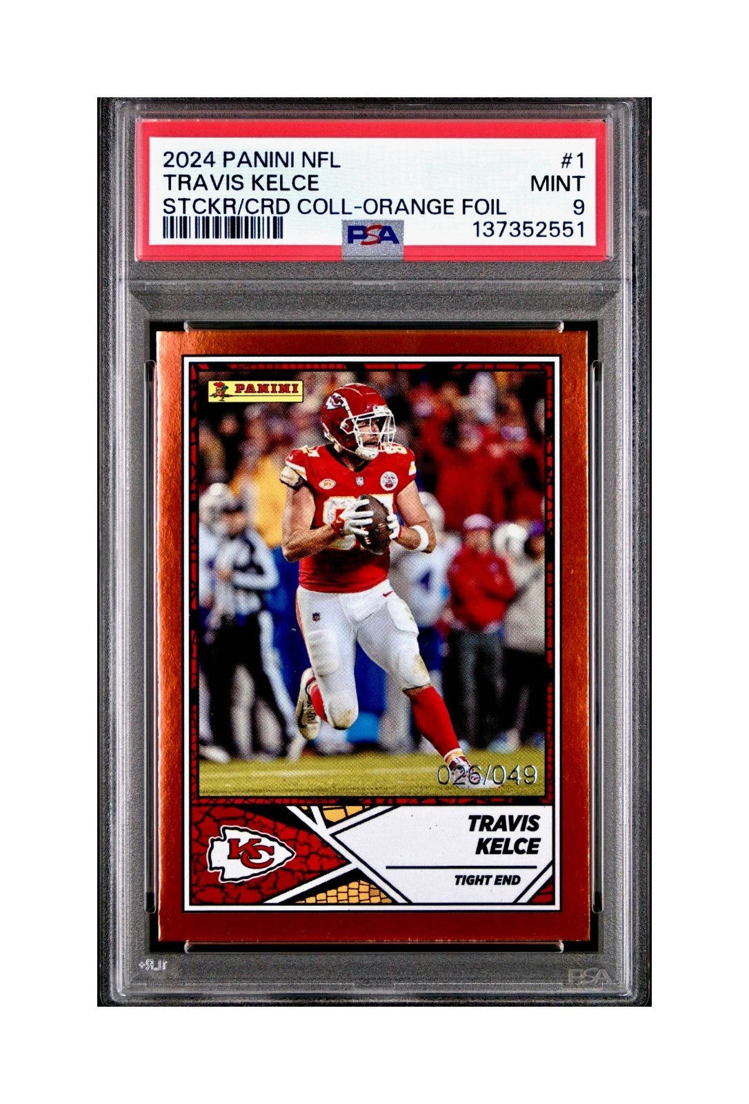 Travis Kelce 2024 Panini Sticker Collection 026/049 #1 Bronze Foil PSA 9 Mint