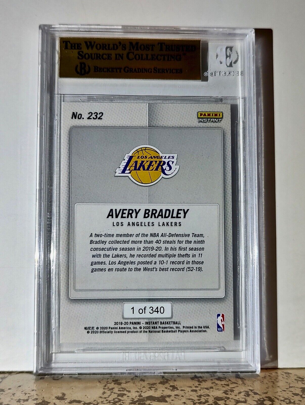 Avery Bradley 2019-20 Panini NBA #232 Card 1 of 340 BGS 9.5 Gem Mint Los Angeles