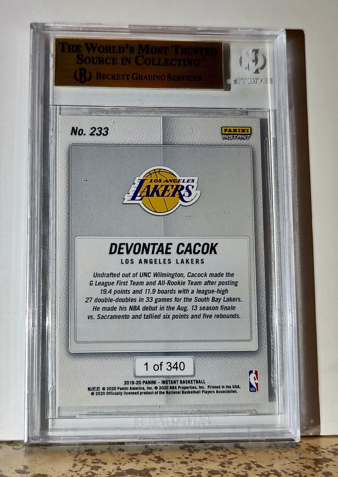 Devontae Cacok 2019-20 Panini NBA #233 Basketball 1 of 340 BGS 9.5 Gem Lakers