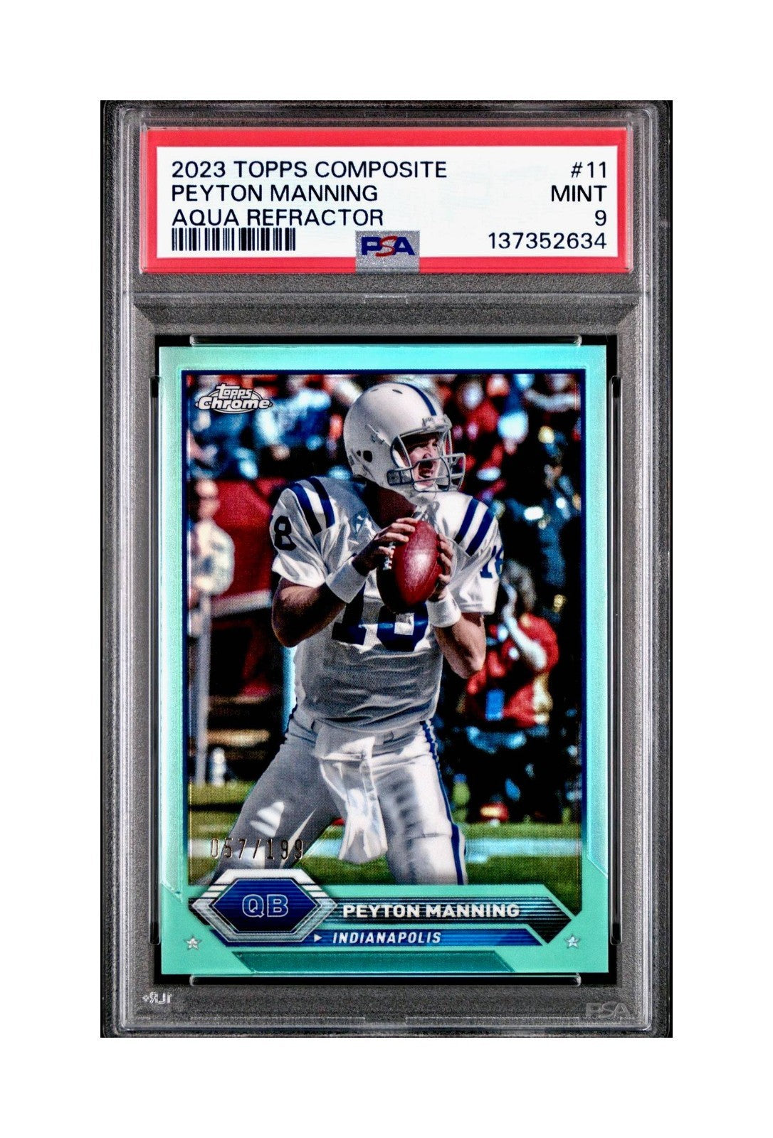 Peyton Manning 2023 Topps #11 057/199 Aqua Refractor PSA 9 Mint