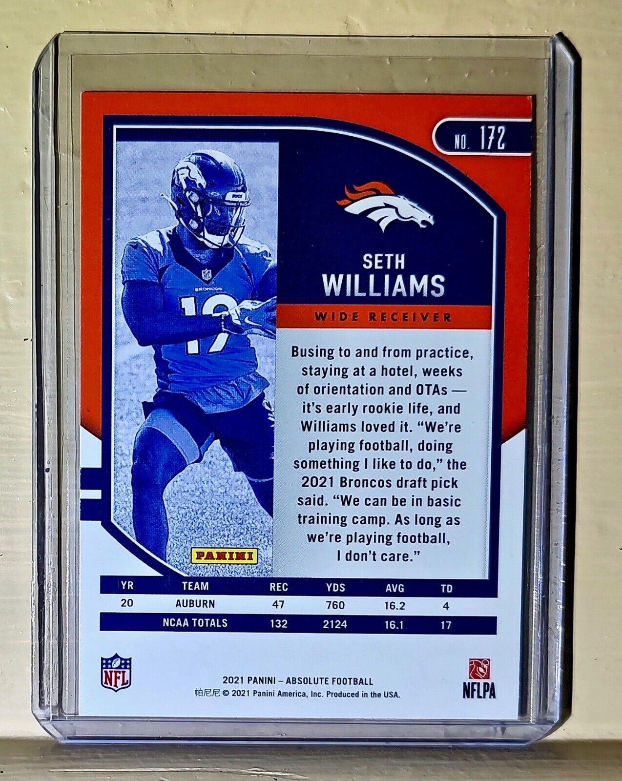 Seth Williams 2021 Panini NFL Absolute Football #172 Rookie Card Broncos