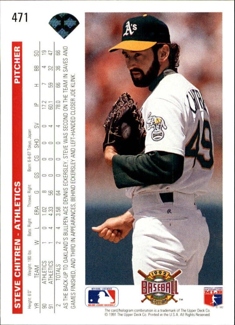 Steve Chitren 1992 Upper Deck MLB #471 Baseball Card Oakland Athletics