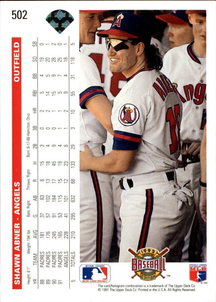 Shawn Abner 1992 Upper Deck MLB #502 Baseball Card California Angels