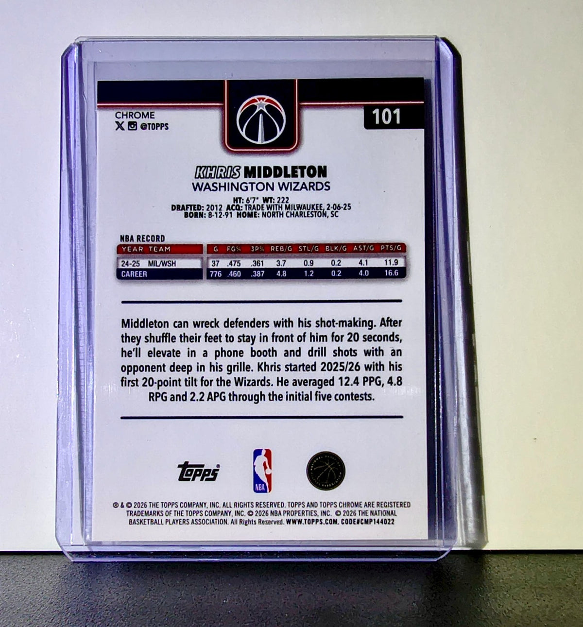 Khris Middleton 2025-26 NBA Topps Chrome Update X-Fractor #101 Card Wizards