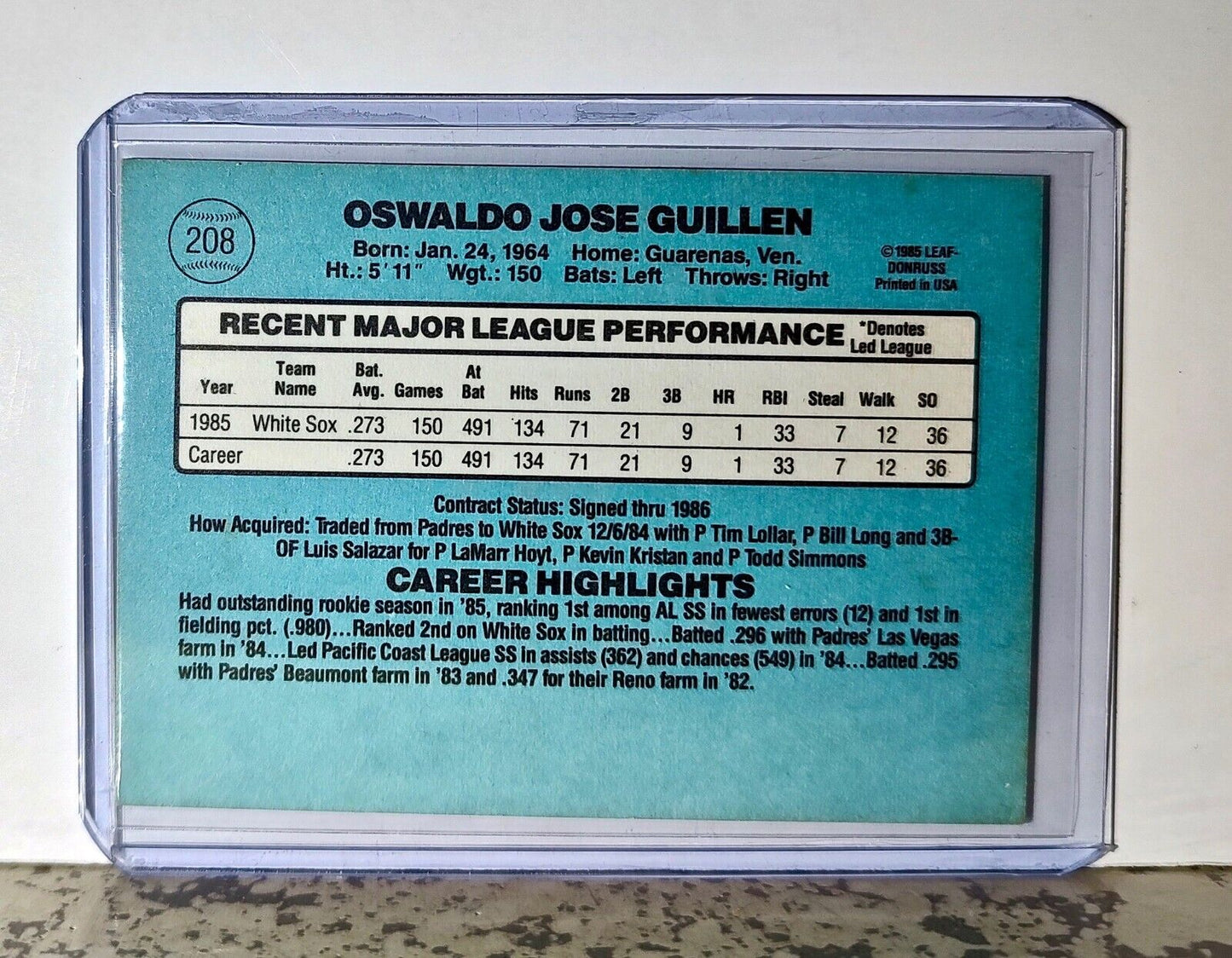 Ozzie Guillen 1986 Donruss MLB #208 Baseball Card Chicago White Sox