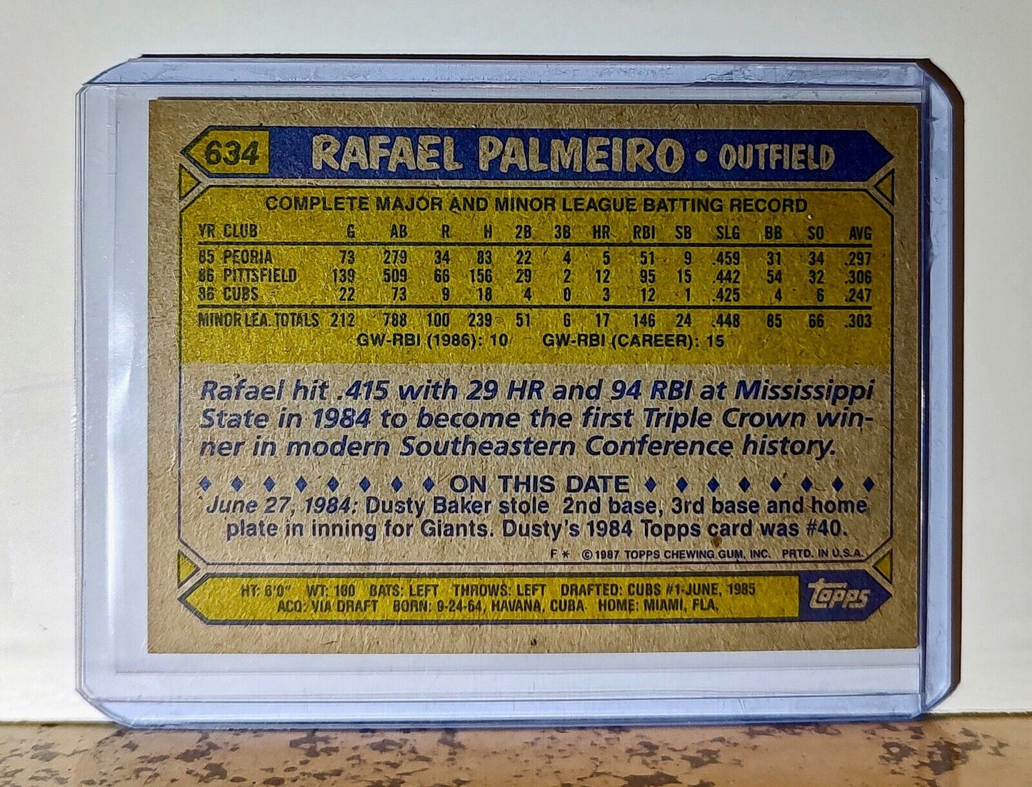 Rafael Palmeiro 1987 Topps Future Stars MLB #634 Baseball Card Chicago Cubs