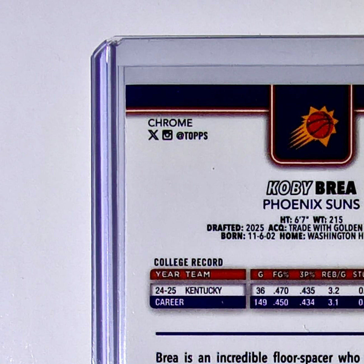 Koby Brea Rookie 2025-26 NBA Topps Chrome Update Refractor #192 Card Suns