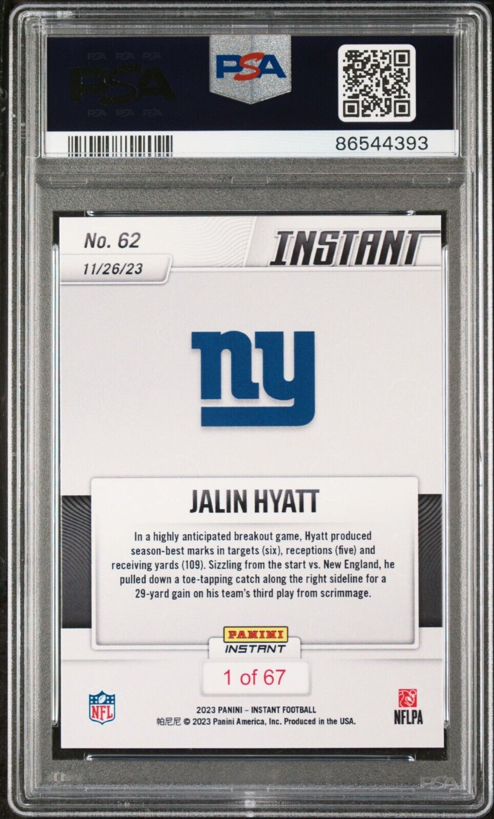 Jalin Hyatt 2023 Panini NFL Rookie Football #62 Card 1 of 67 Giants PSA 9 Mint