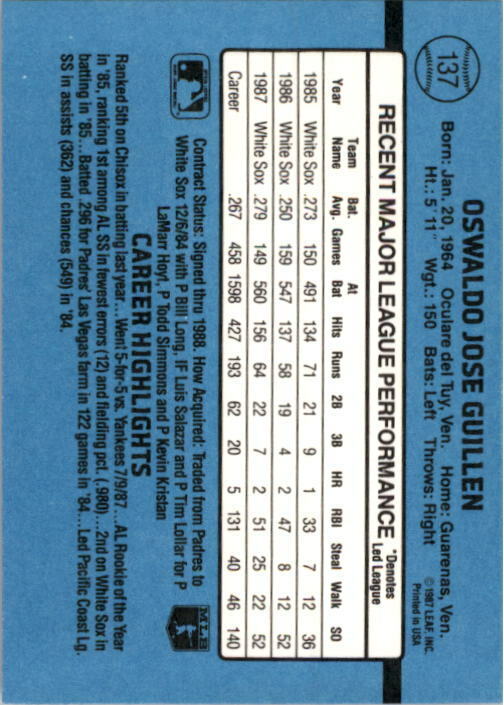 1988 Ozzie Guillen Donruss Baseball Card #137