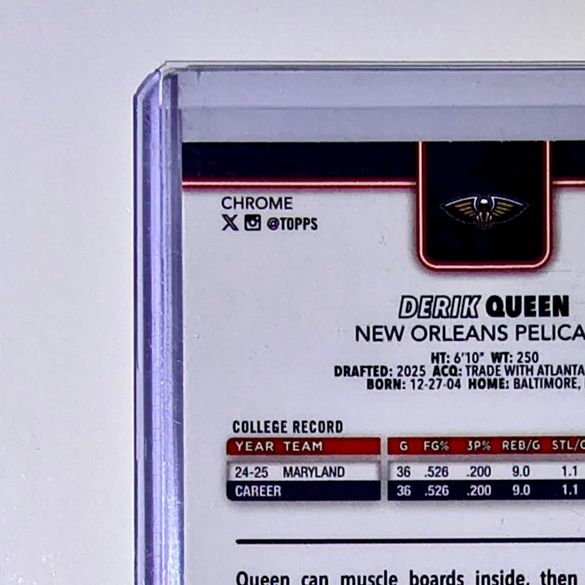 Derik Queen Rookie 2025-26 NBA Topps Chrome Update X-Fractor #163 Card Pelicans