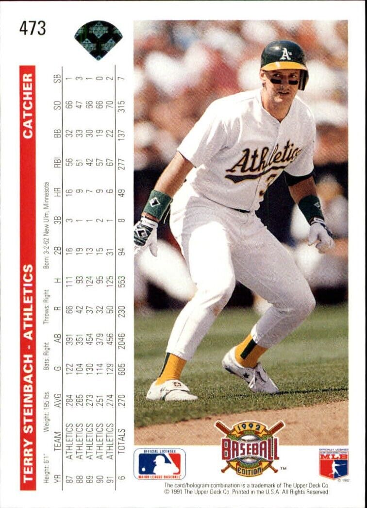 Terry Steinbach 1992 Upper Deck MLB #473 Baseball Card Oakland Athletics