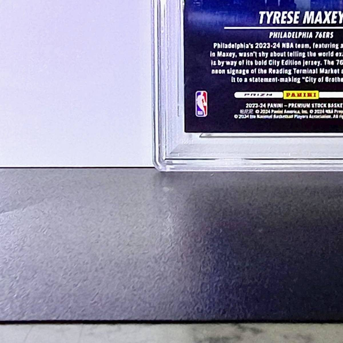 Tyrese Maxey 2023 NBA Panini Hoops Premium #18 City Edition Disco Prizm PSA 8