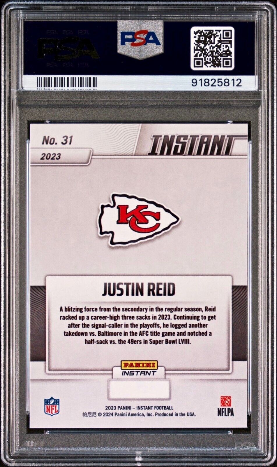 Justin Reid 2023 Panini NFL Superbowl Champions #31 Card PSA 9 Mint