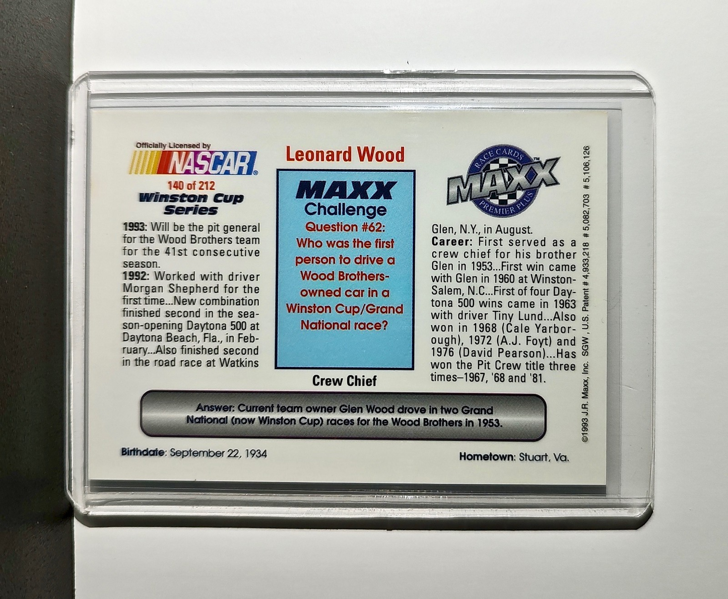 Leonard Wood 1993 Maxx Premier Plus Racing #140 NASCAR Card Wood Brothers Racing