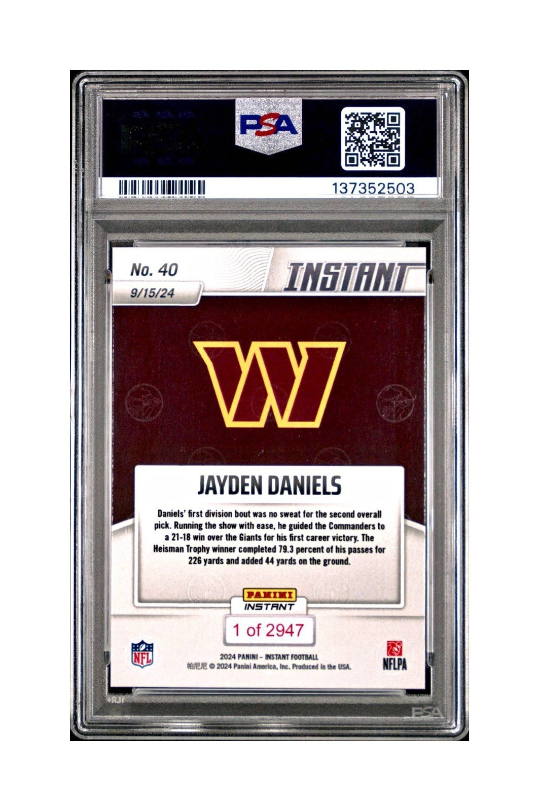 Jayden Daniels Rookie 2024 Panini Instant NFL #40 PSA 10 Gem Mint