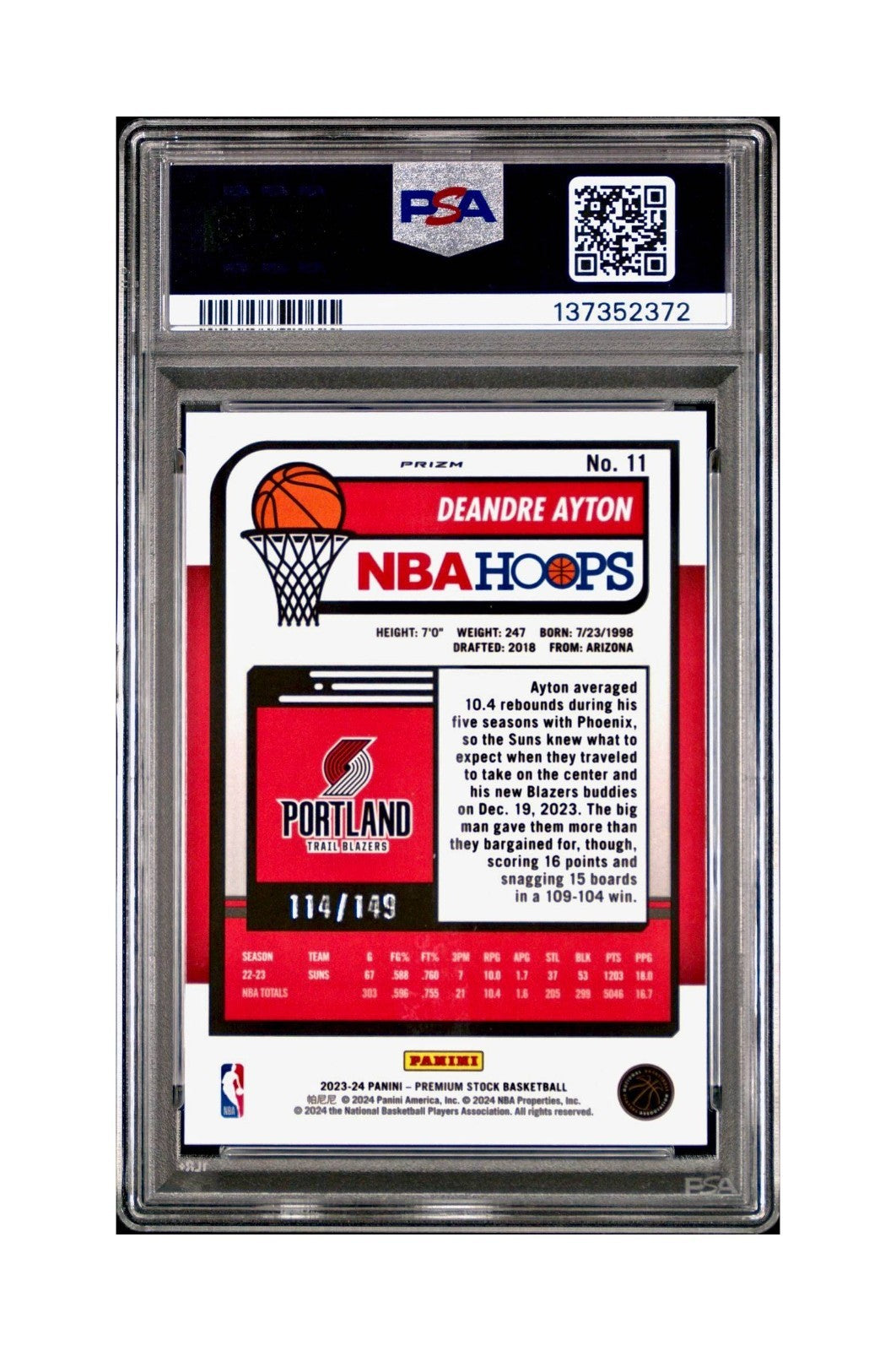 DeAndre Ayton 2023 Panini Hoops Premium #11 114/149 Red Disco Prizm PSA 9 Mint