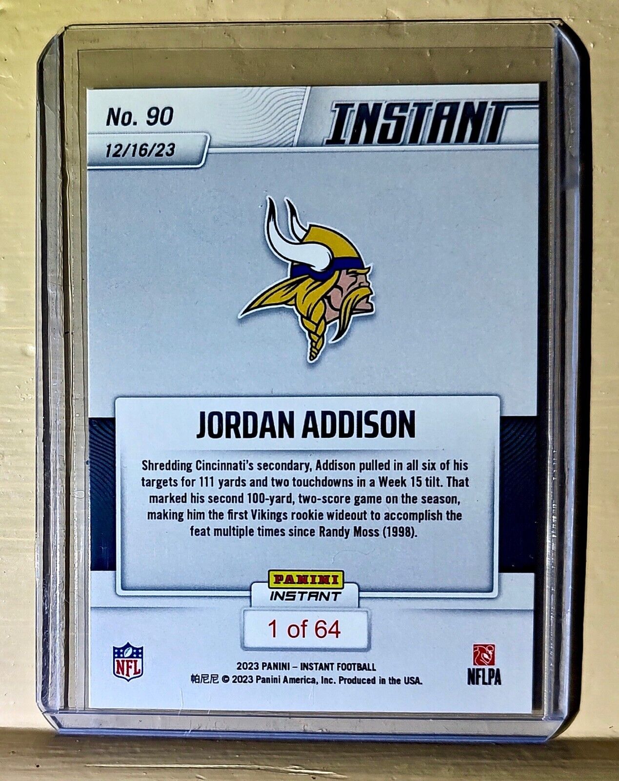 Jordan Addison 2023 Panini NFL Rookie Football #90 Card Vikings 1 of 64