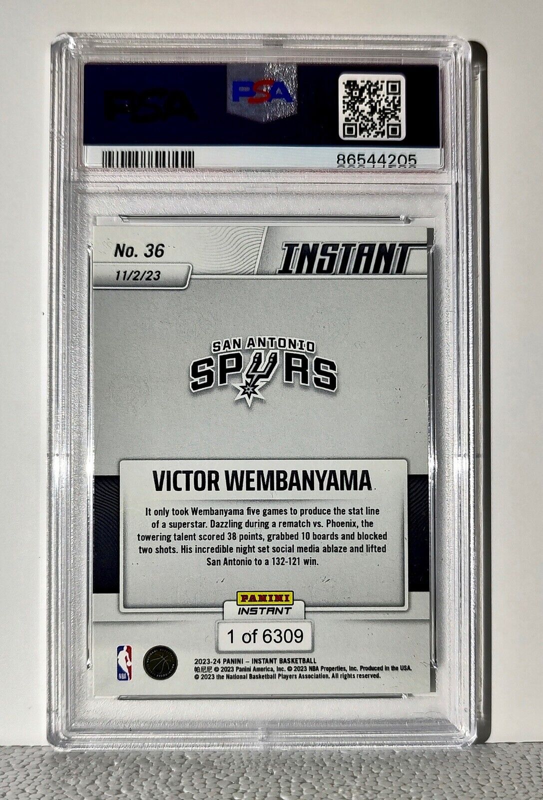 Victor Wembanyama 2023-24 Panini #36 NBA Rookie Card Spurs 1 of 6309 PSA 8 NM-MT