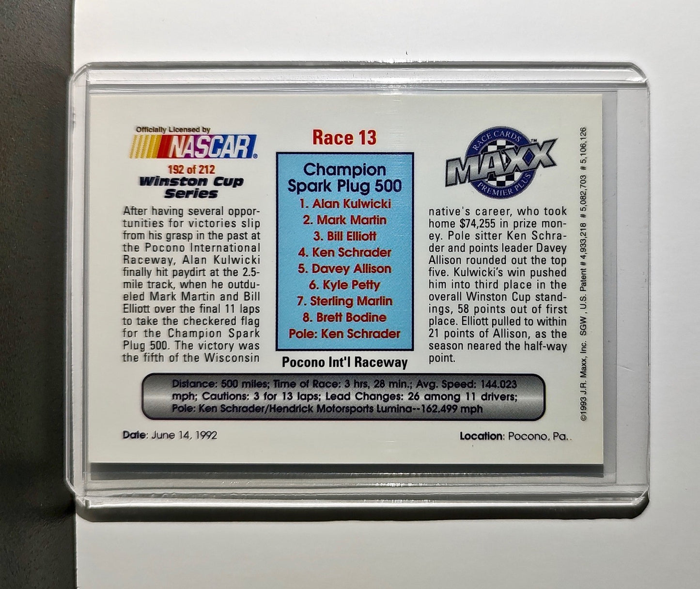 Race 13 Pocono YR 1993 Maxx Premier Plus Racing #192 NASCAR Card AK Racing