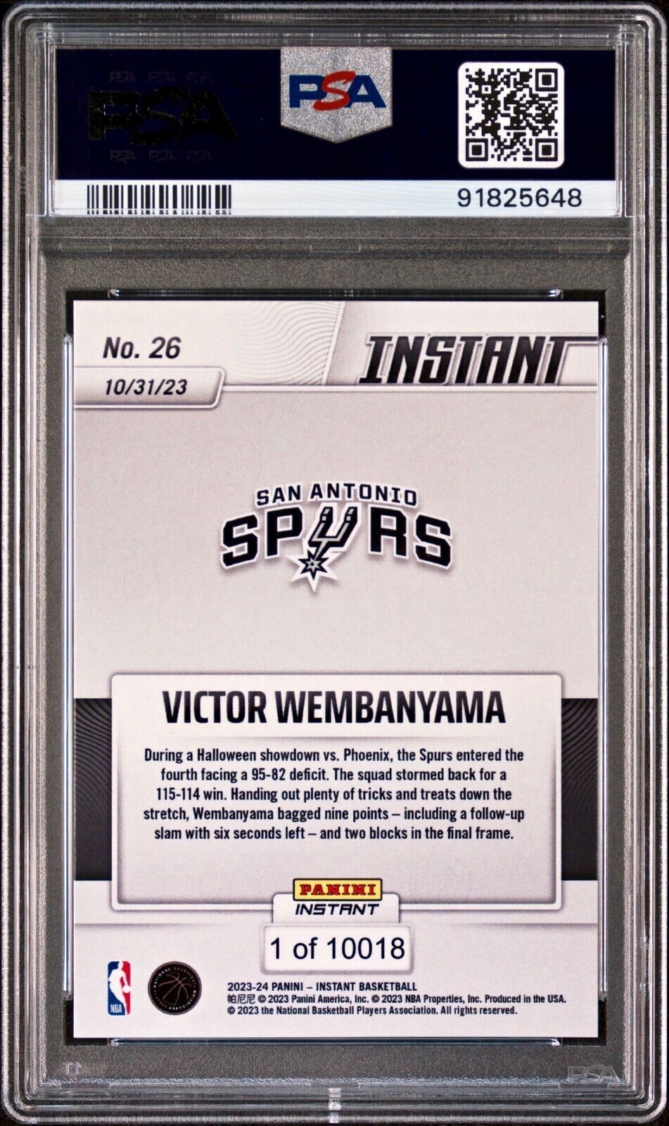 Victor Wembanyama 2023-24 Panini #26 NBA Rookie Card Spurs 1 of 10018 PSA 10 Gem