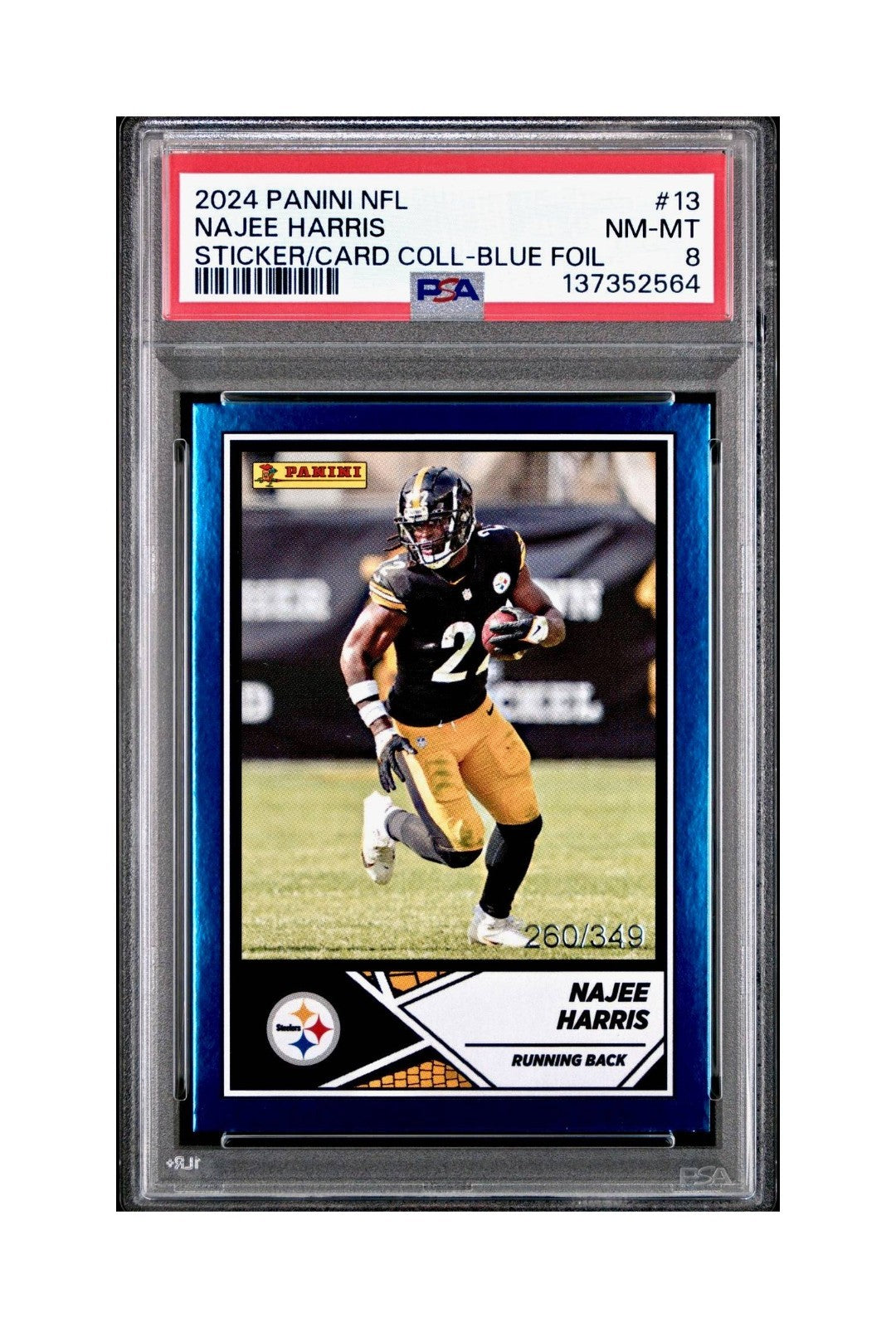 Najee Harris 2024 Panini Sticker Collection 260/349 #13 Blue Foil PSA 8 NM-MT
