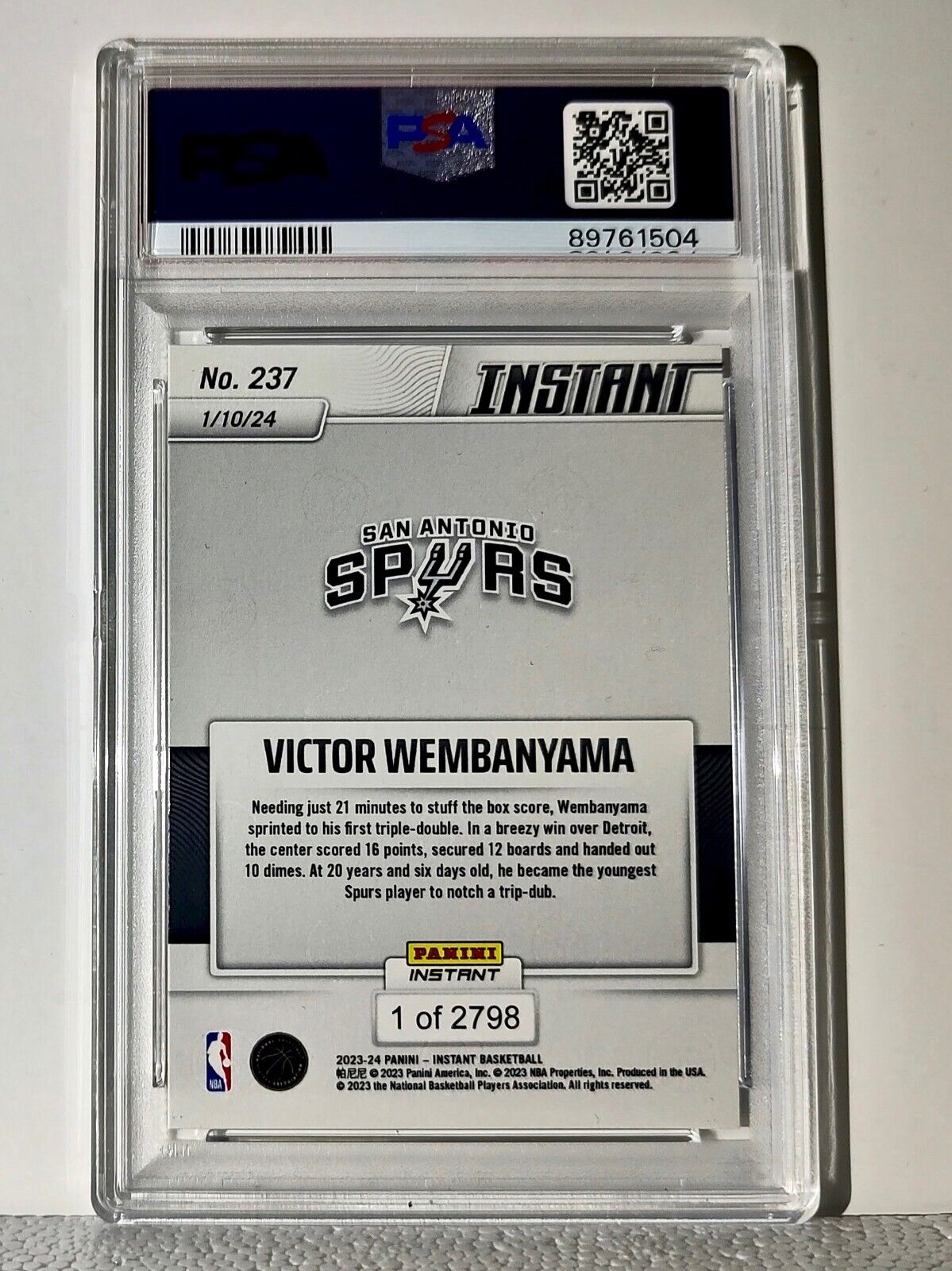 Victor Wembanyama 2023-24 Panini #237 NBA Milestone Rookie Card 1 of 2798 PSA 9