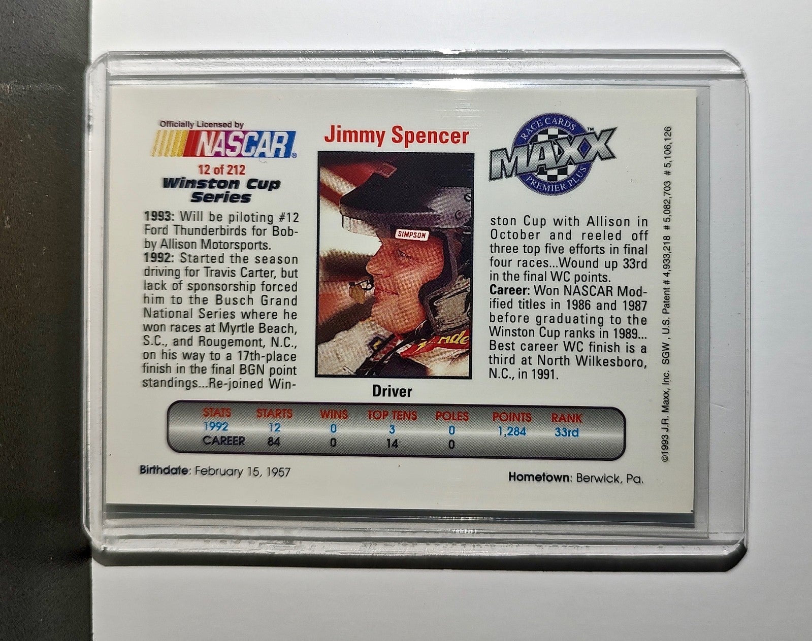 Jimmy Spencer 1993 Maxx Premier Plus Racing #12 NASCAR Card Bobby Allison Racing