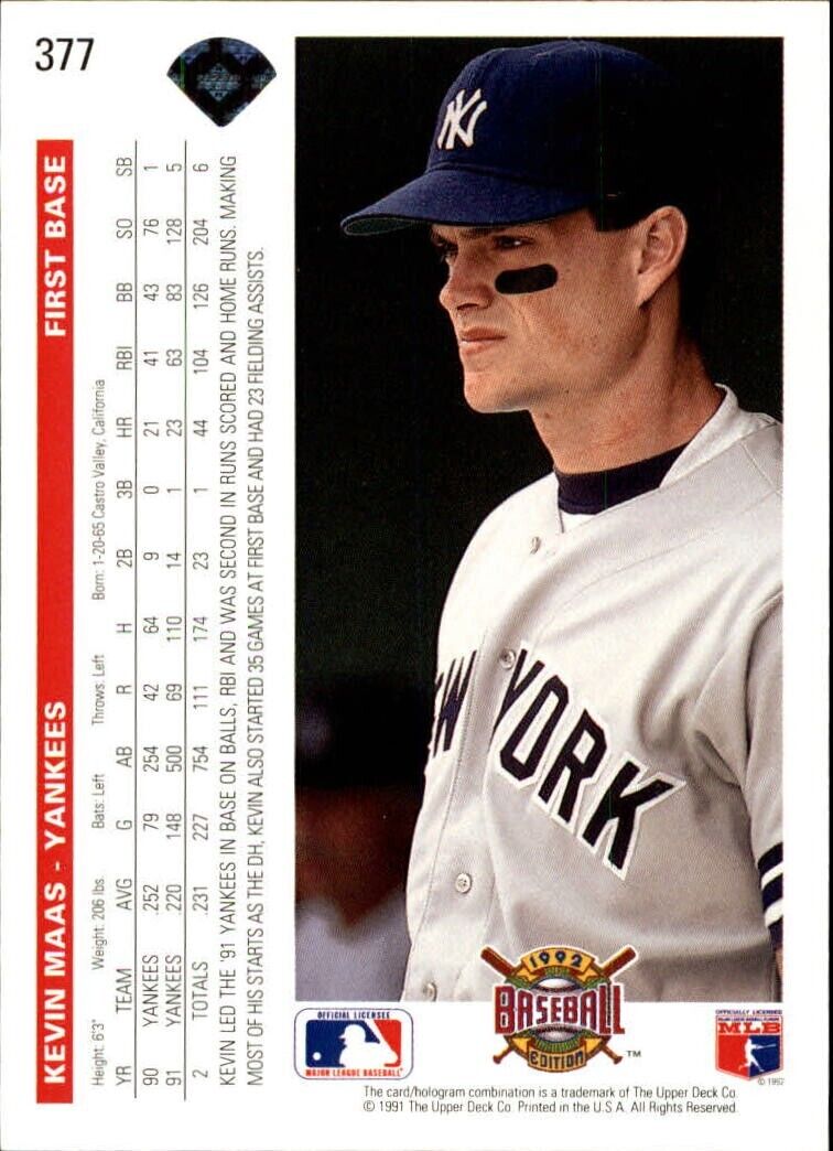 Kevin Maas 1992 Upper Deck MLB #377 Baseball Card New York Yankees