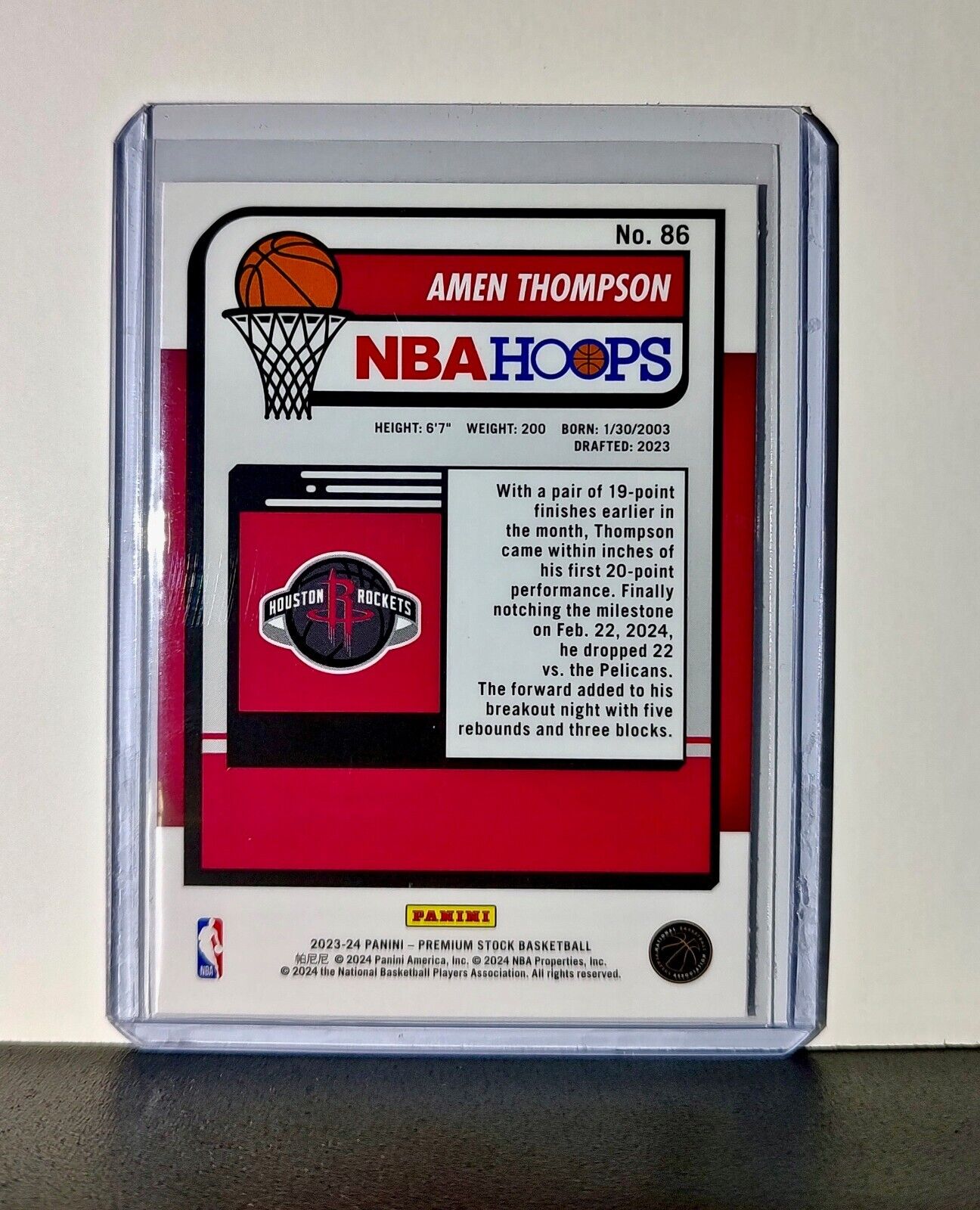 Amen Thompson 2023-24 Panini Premium Stock NBA Hoops #86 Rookie Card Rockets