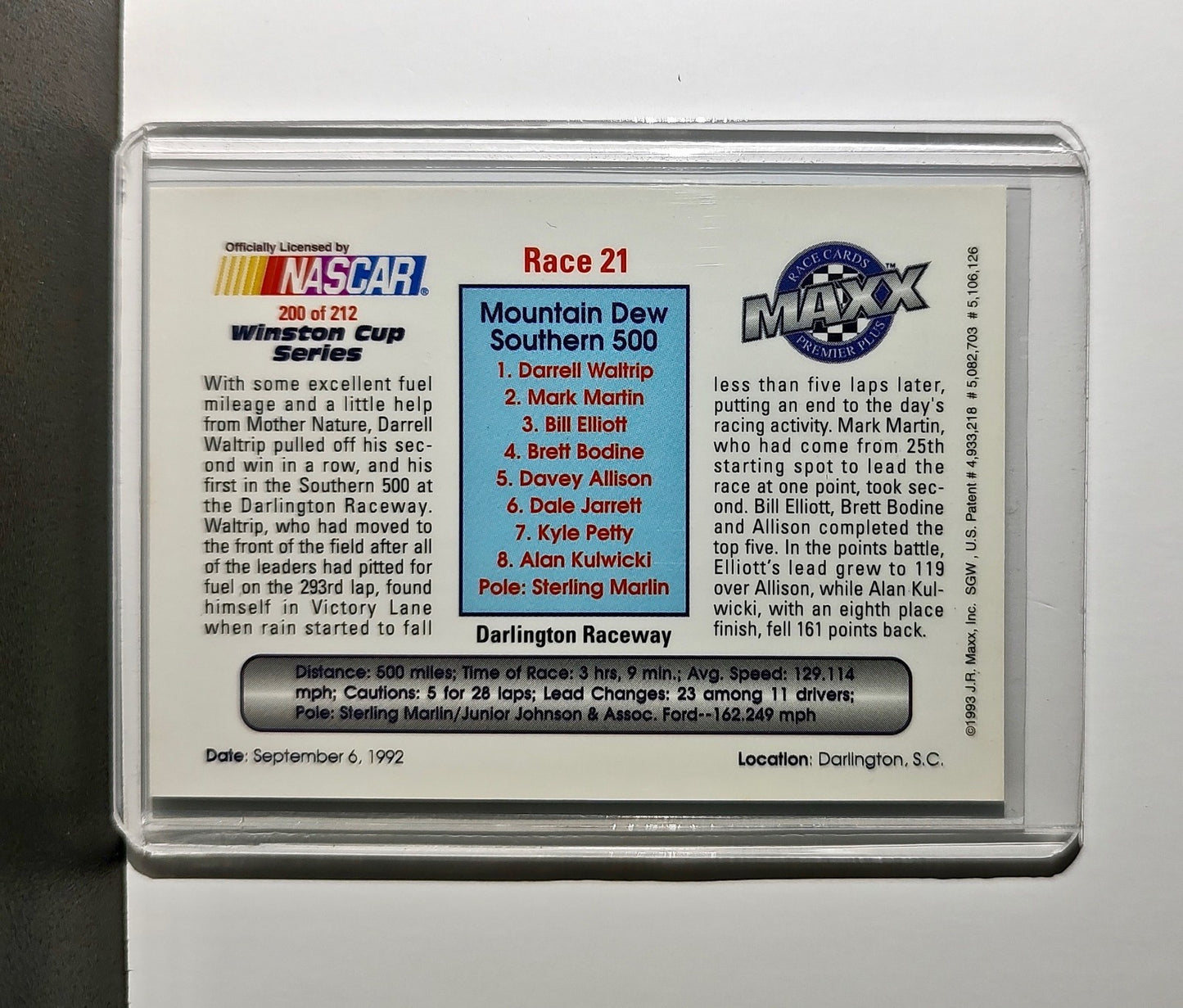 Race 21 Darlington YR 1993 Maxx Premier Plus Racing #200 NASCAR Card DARWAL Inc.