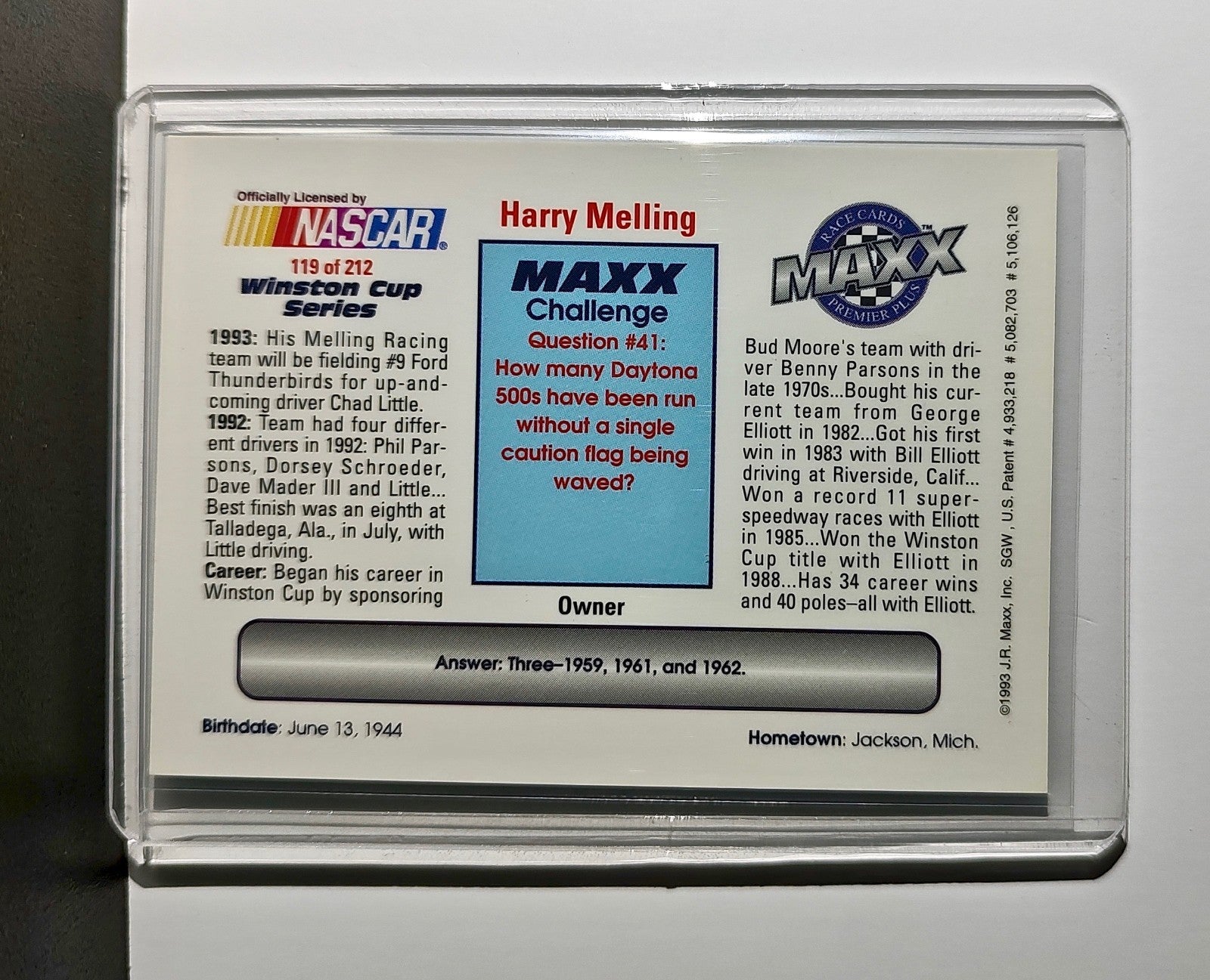 Harry Melling 1993 Maxx Premier Plus Racing #119 NASCAR Card Melling Racing