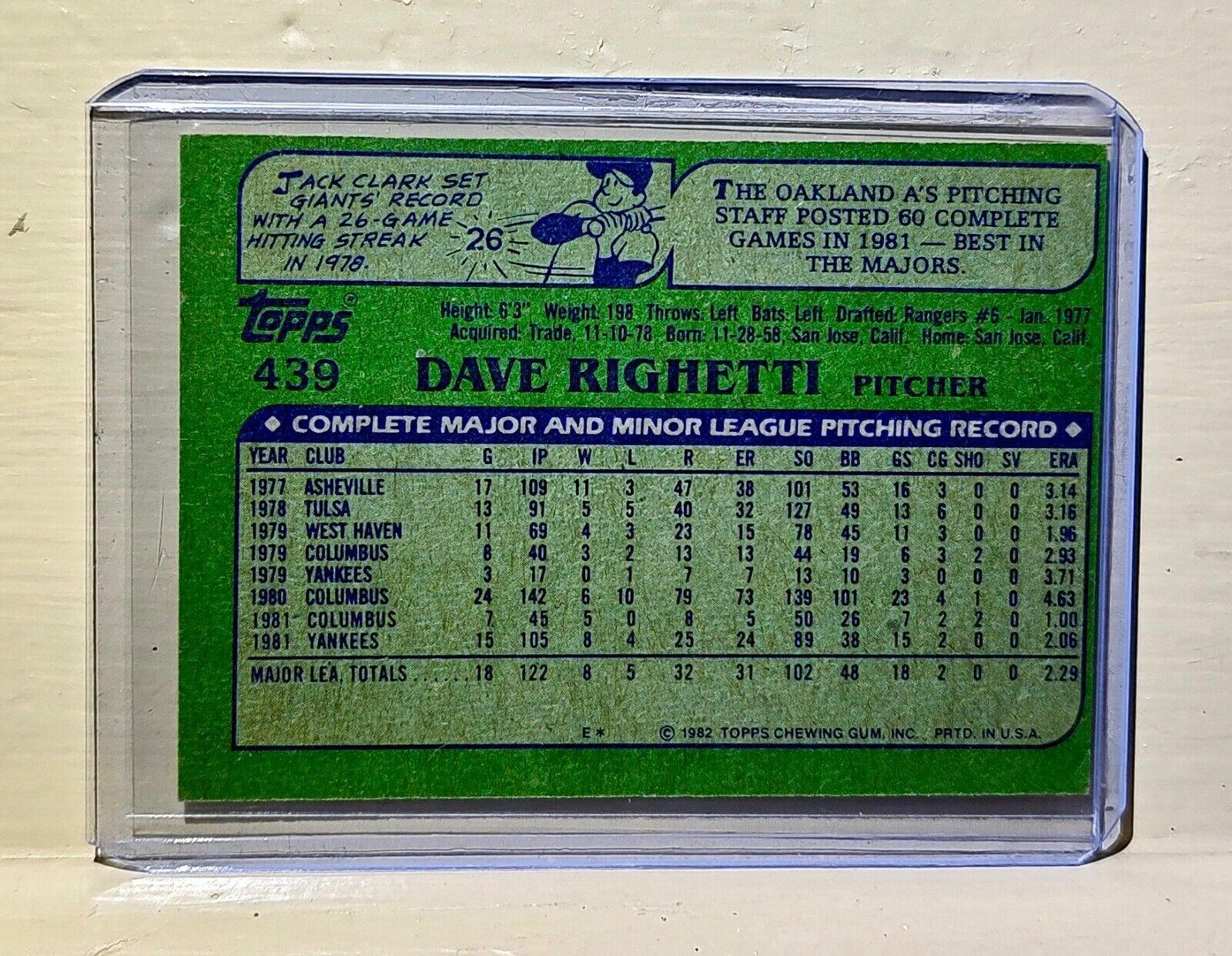 Dave Righetti 1982 Topps MLB #439 Baseball Card New York Yankees