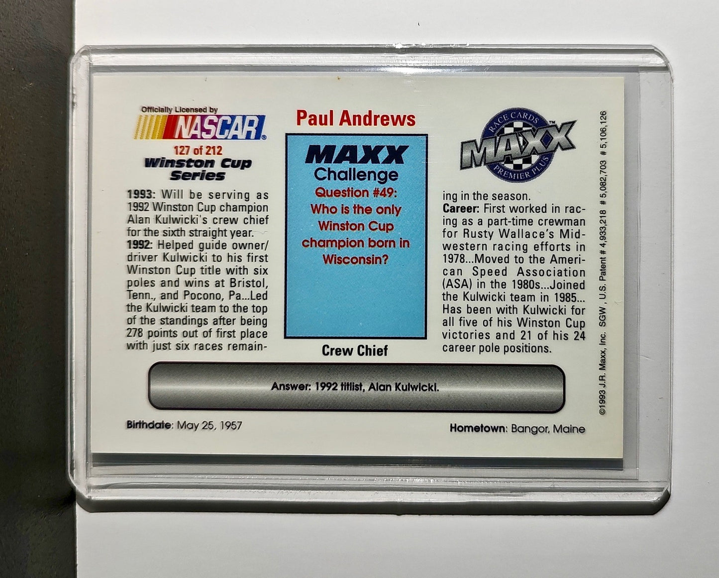 Paul Andrews 1993 Maxx Premier Plus Racing #127 NASCAR Card AK Racing