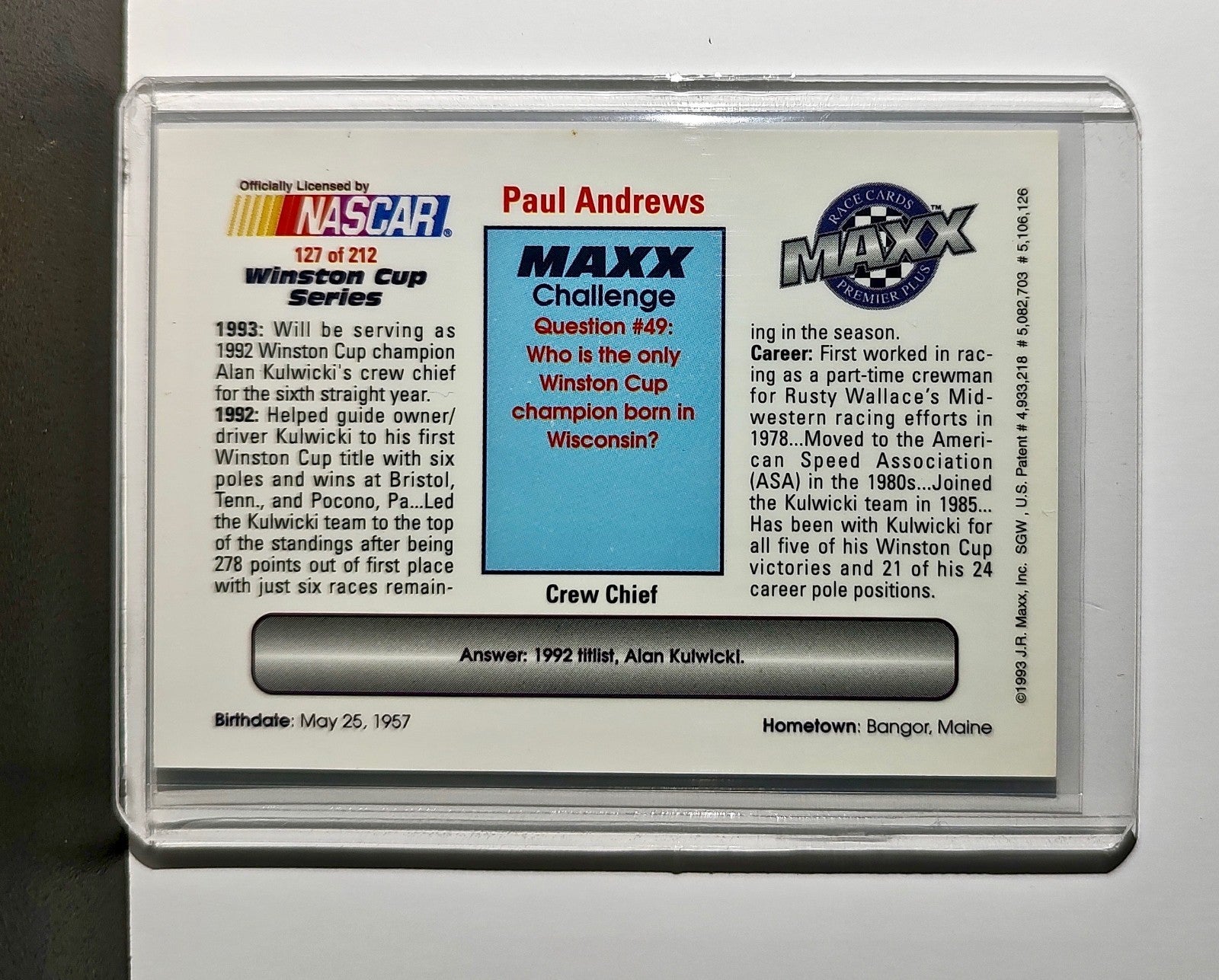 Paul Andrews 1993 Maxx Premier Plus Racing #127 NASCAR Card AK Racing