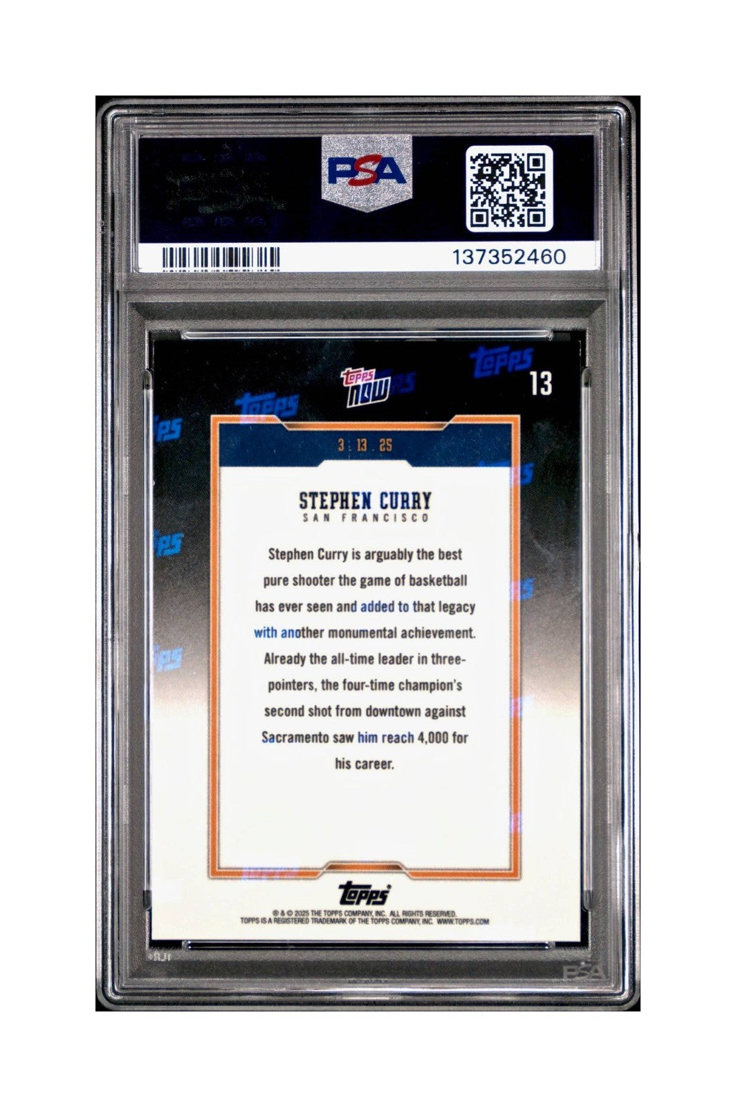 Stephen Curry 2024 Topps Now 4000 Career 3 Pointers #13 PSA 9 Mint