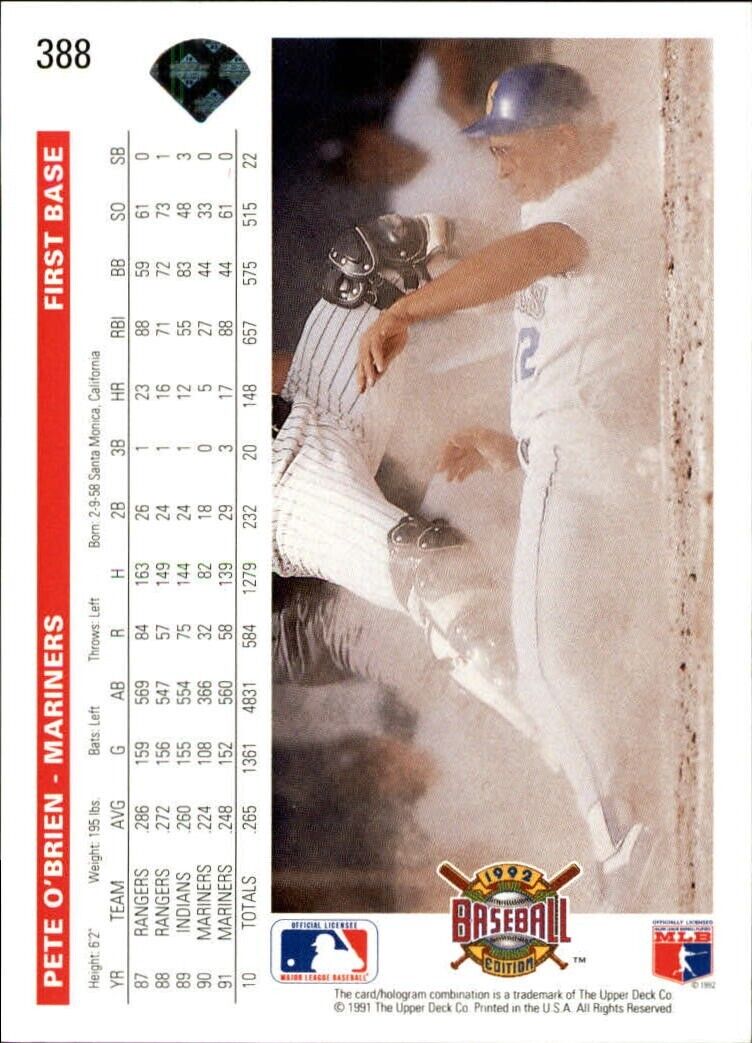 Pete O'Brien 1992 Upper Deck MLB #388 Baseball Card Seattle Mariners