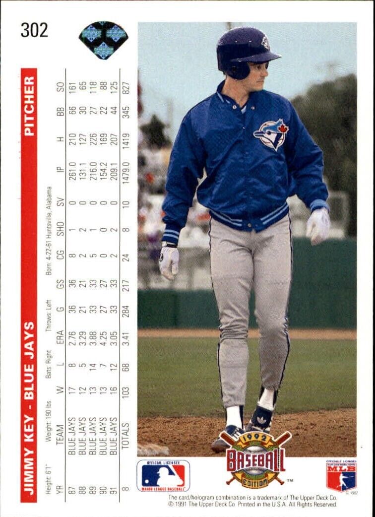Jimmy Key 1992 Upper Deck MLB #302 Baseball Card Toronto Blue Jays