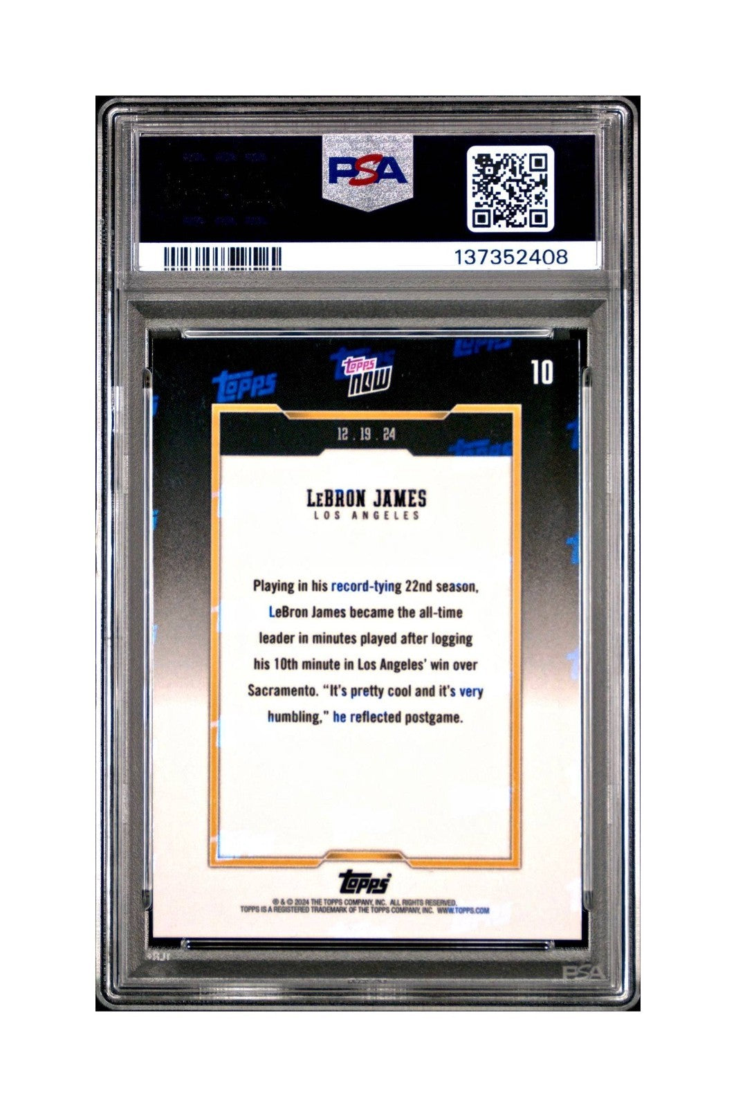 LeBron James 2024 Topps Now #10 All-Time Leader Minutes Played PSA 10 Gem Mint