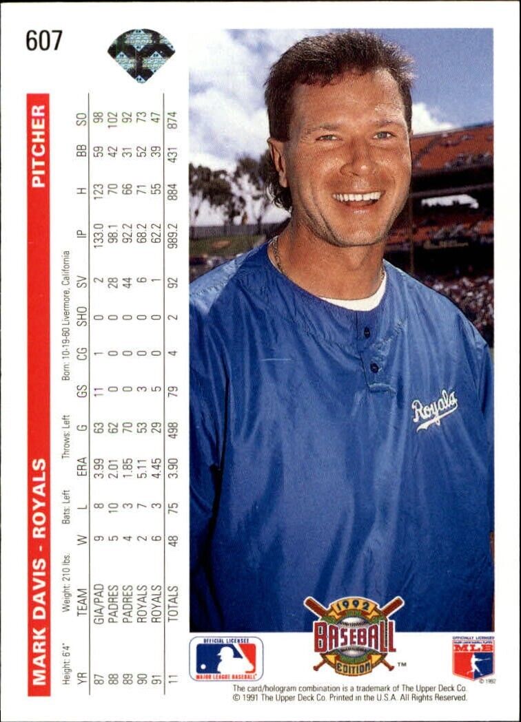 Mark Davis 1992 Upper Deck MLB #607 Baseball Card Kansas City Royals