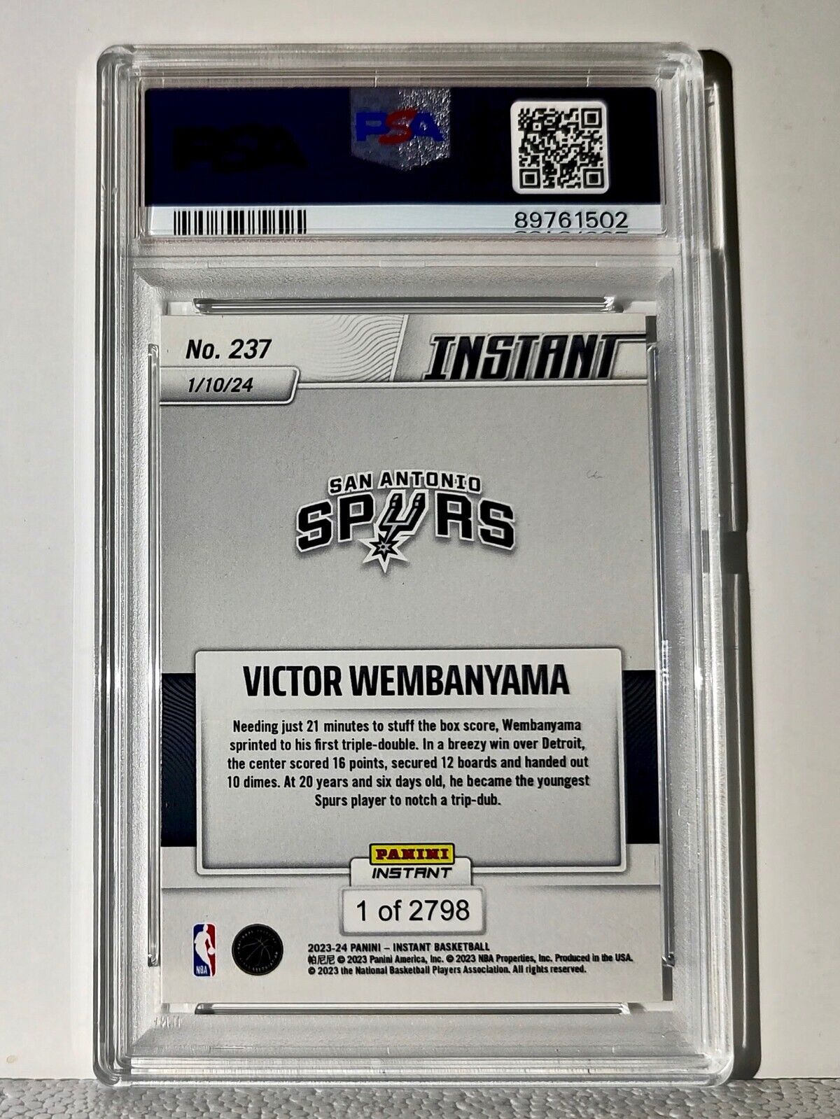 Victor Wembanyama 2023-24 Panini #237 NBA Milestone Rookie Card 1 of 2798 PSA 9