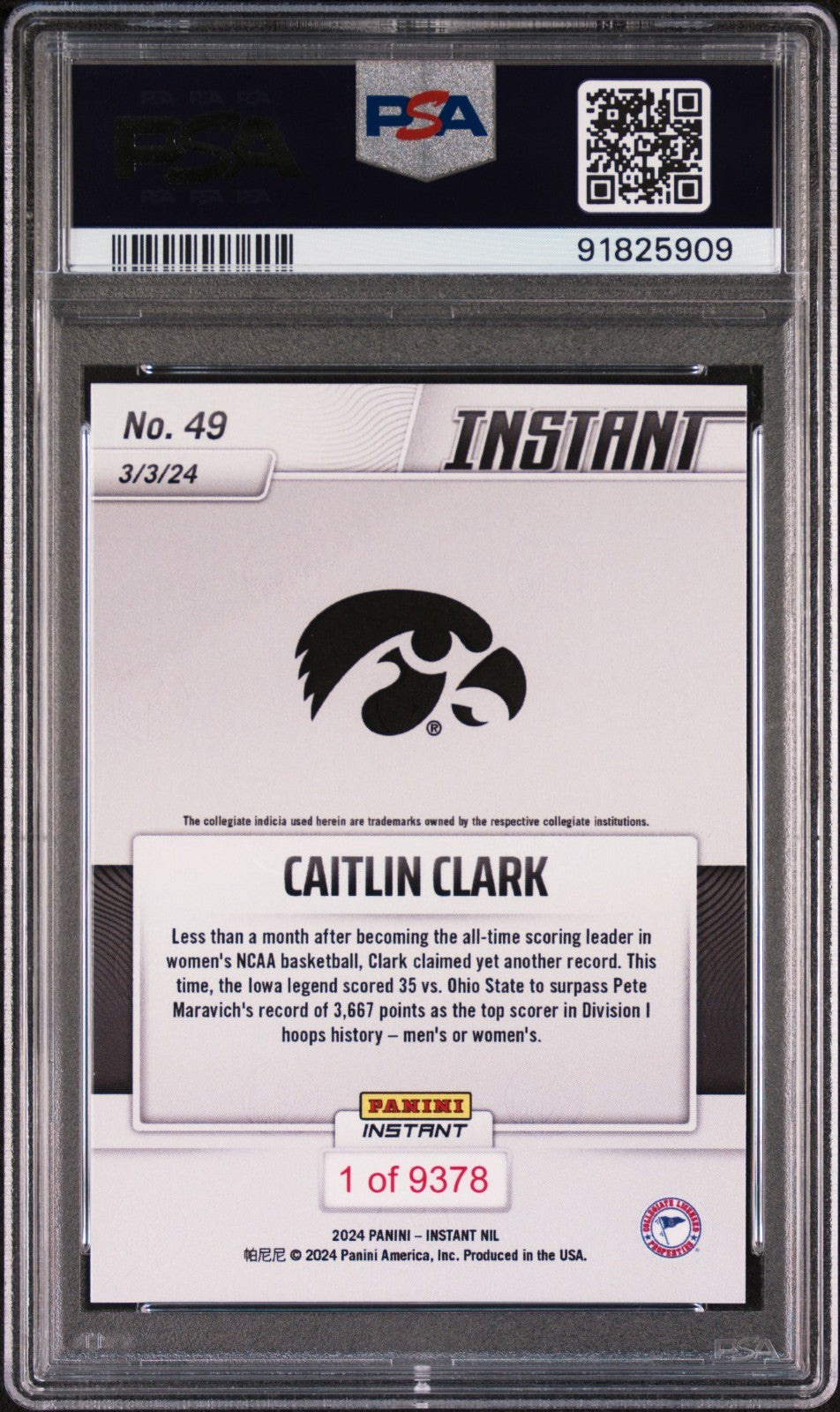 Caitlin Clark 2024 Panini #49 Basketball Milestone Card PSA 10 Gem Mint Hawkeyes