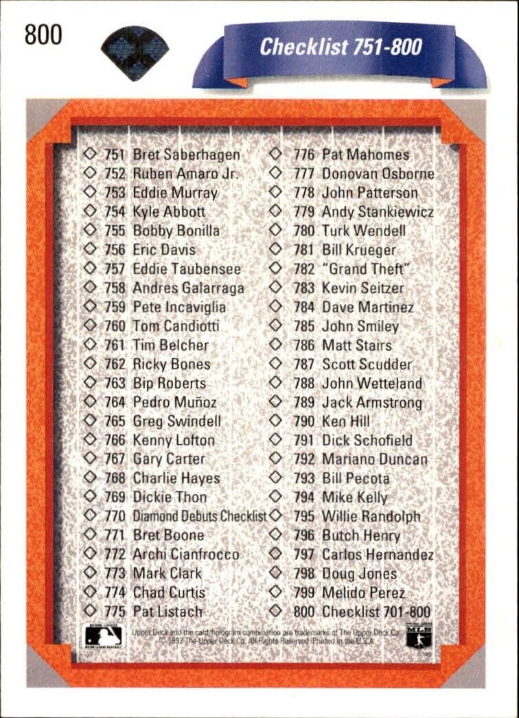 Checklist 701-800 1992 Upper Deck MLB #800 Baseball Card