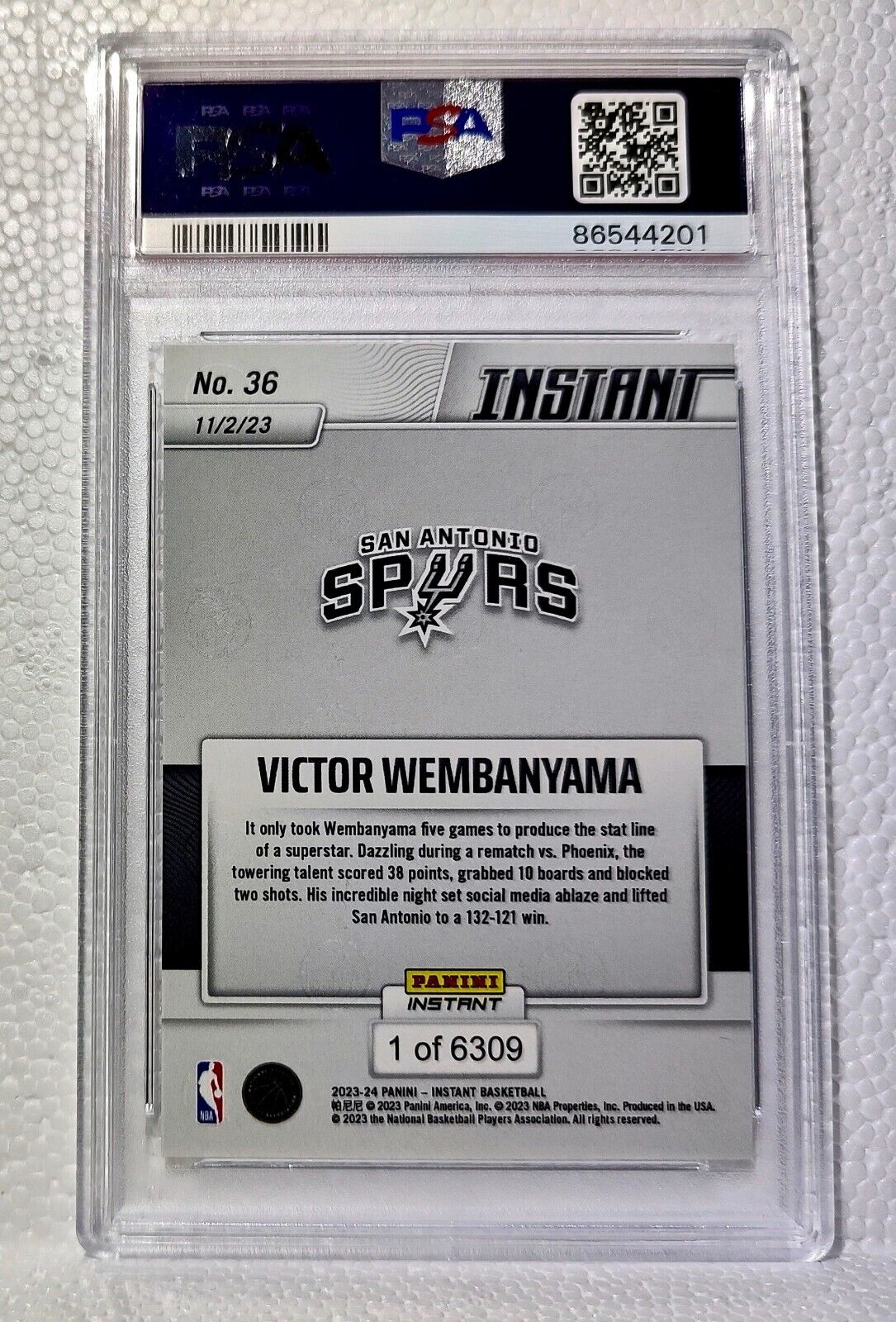 Victor Wembanyama 2023-24 Panini #36 NBA Rookie Card Spurs 1 of 6309 PSA 9 Mint