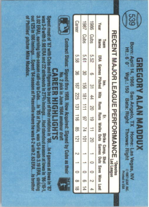 1988 Greg Maddux Donruss Baseball Card #539